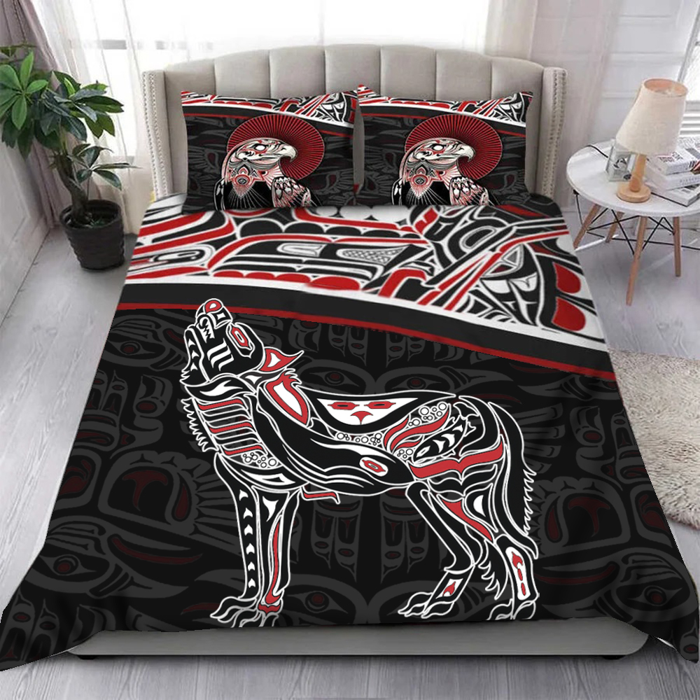 Eagle And Wolf Pacific Northwest Style Bedding Set Haida Art Spirit Merch Bed Decor