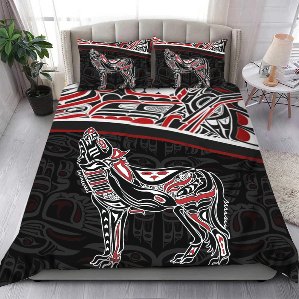 Wolf Pacific Northwest Style Symbolism Bedding Set Haida Art Wolf Merch Bedroom Decor