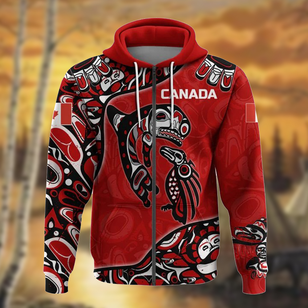 Wolf And Raven Canada Haida Art Spirit Zipper Hoodie Pacific Northwest Style Hoodie Merch