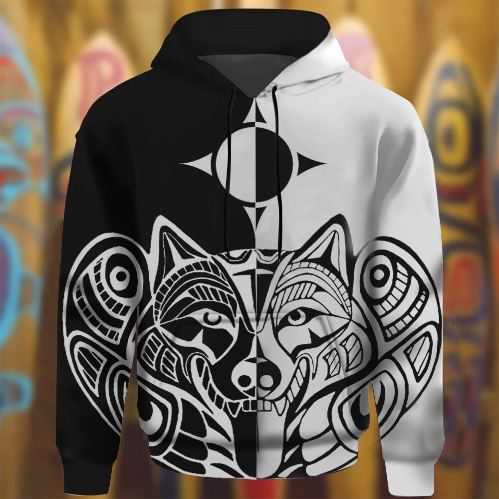 Wolf Haida Art Symbolism Native American Hoodie Pacific Northwest Style Wolf Clothing