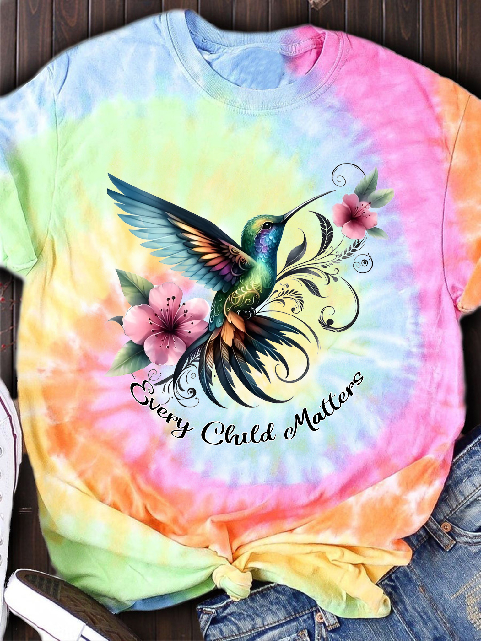 Hummingbird Every Child Matters Tie Dye Shirt Floral Hummingbird Lover Gifts For Women-1